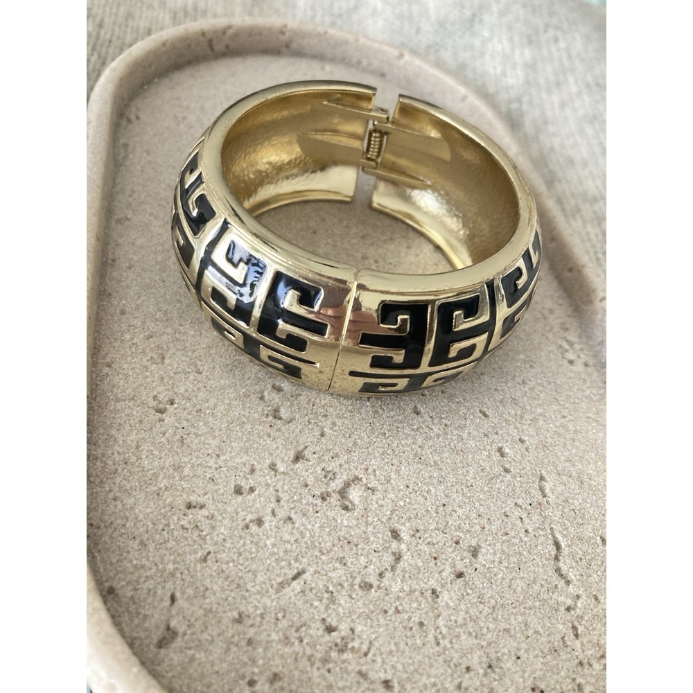 Statement Bangle Bracelet Gold Tone Black Enamel Greek Key Egyptian Revival Bold